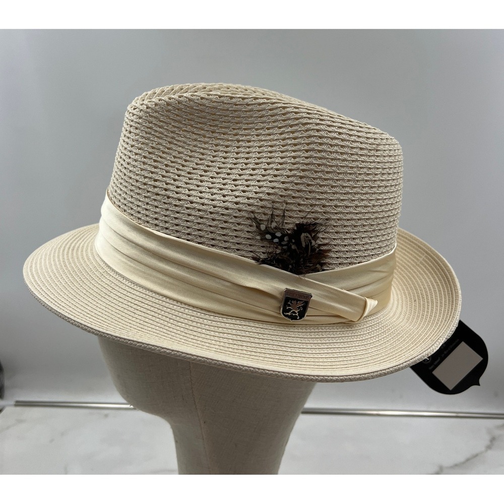 Stacy Adams Fedora Hat Men's Large Cream Straw Satin Band Feather Accent Pin NWT